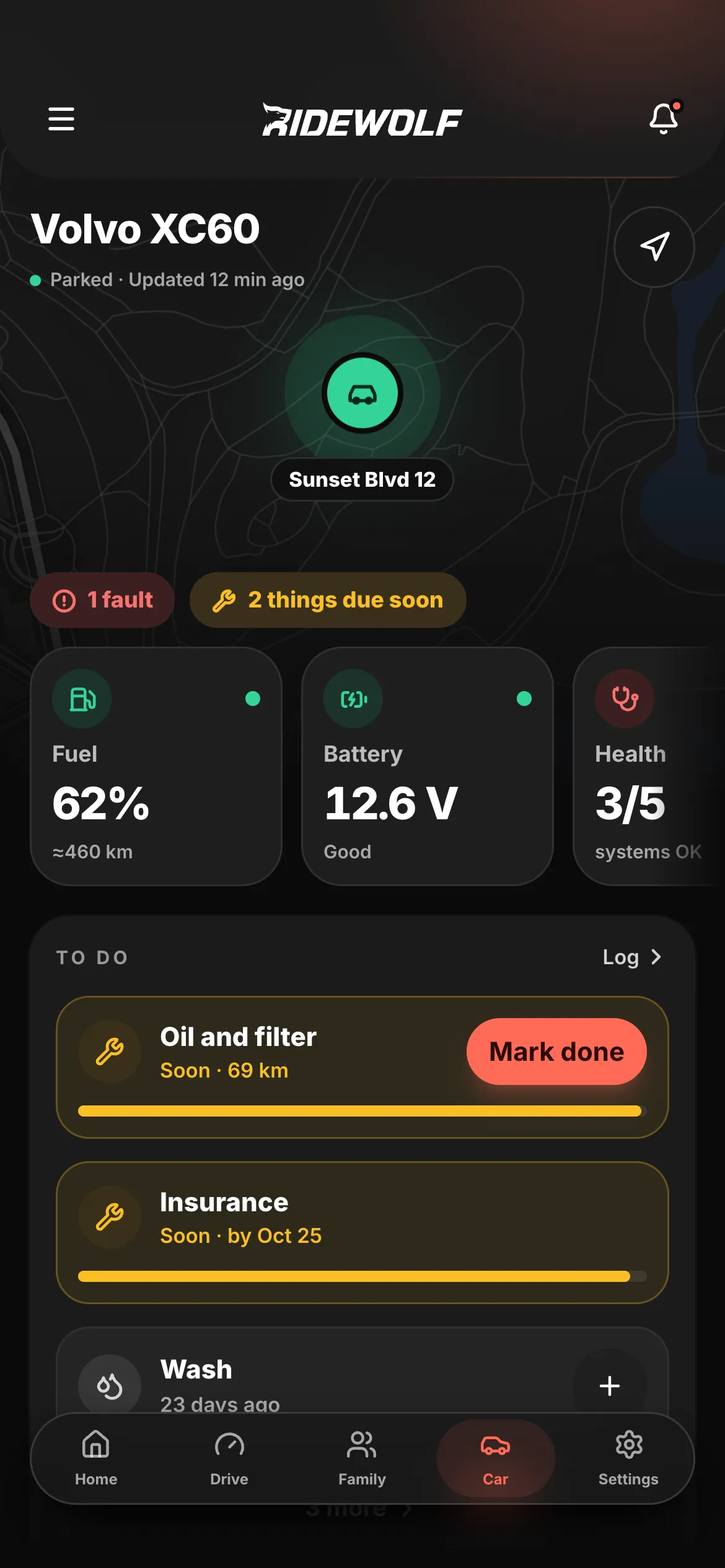Ridewolf Car: vehicle status, health, fuel and diagnostics