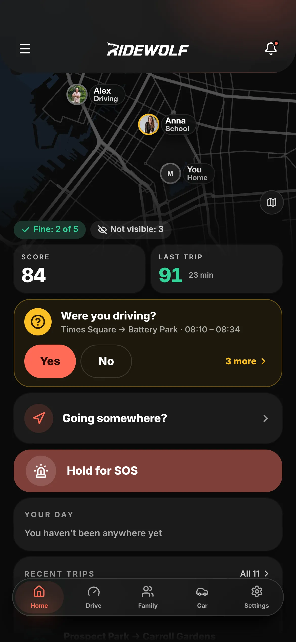 Ridewolf Home: driver score, today's trips on a map, family and car